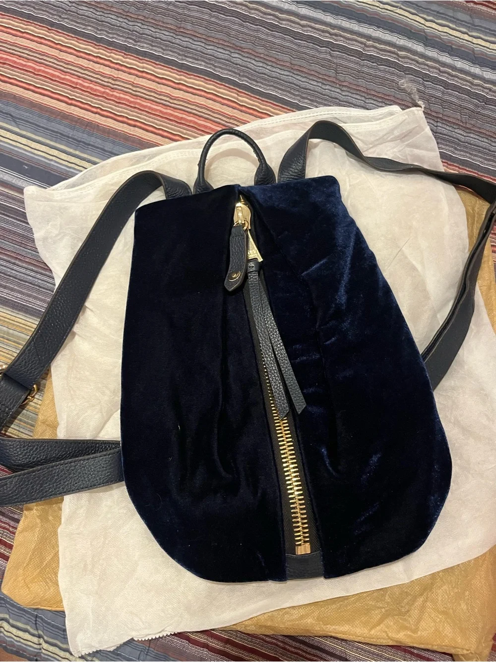 Aimee Kestenberg Velvet Navy Backpack with Gold Zipper